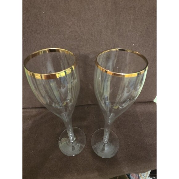 Hollow Stem Tall Champagne Flutes Glasses Gold Trim‎ 9.75" - Picture 5 of 11